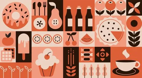 Geometric food pattern. Minimal bakery sweet dessert fruit simple shape Stock Illustration