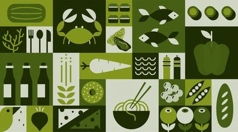 Geometric food pattern. Simple fruit vegetable seafood grocery background Stock Illustration