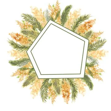Geometric frame with Mimosa branches on the outer edge on a white isolated Stock Illustration