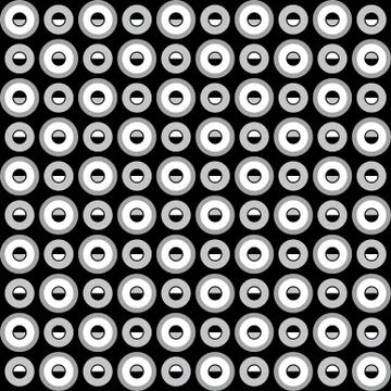 Geometric fun pattern with black white and grey circles on black background Stock Illustration