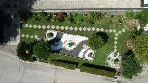 Geometric garden design with pathways and decorative gravel in suburb park Stock Footage 344094966