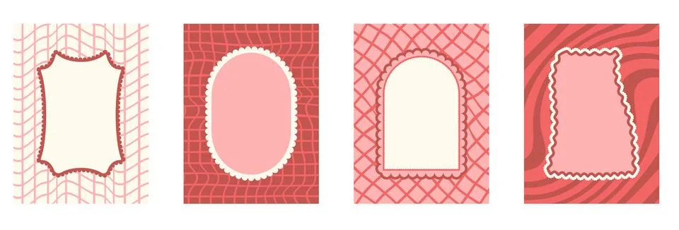 Geometric girly retro scallop frames invitation blanks set. Wavy groovy arch, Stock Illustration