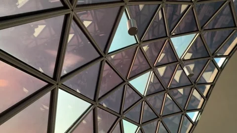 Geometric Glass Dome Ceiling with Modern Lighting Inside Oscar Niemeyer Sphere Video stock 342472076