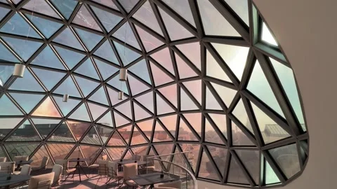 Geometric Glass Dome Interior Overlooking Leipzig Cityscape at Sunset Video stock 342472023