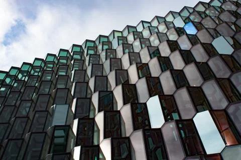 Geometric Glass Windows of Harpa Concert Hall in Iceland Stock Photos