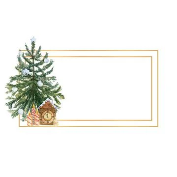 Geometric gold frame with a Christmas tree, candles, holly flowers and winter Stock Illustration