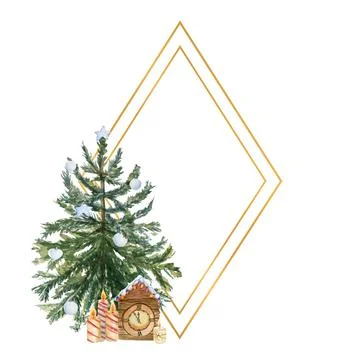 Geometric gold frame with a Christmas tree, candles, holly flowers and winter Stock Illustration