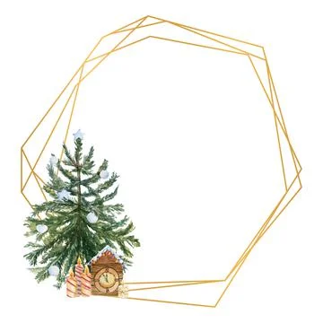 Geometric gold frame with a Christmas tree, candles, holly flowers and winter Stock Illustration