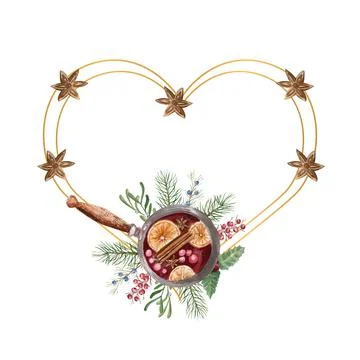 Geometric gold frame with a cup of hot mulled wine, lemon, cinnamon. Watercolor Stock Illustration