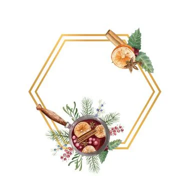 Geometric gold frame with a cup of hot mulled wine, lemon, cinnamon. Watercolor Stock Illustration