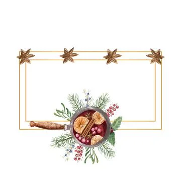 Geometric gold frame with a cup of hot mulled wine, lemon, cinnamon. Watercolor Stock Illustration