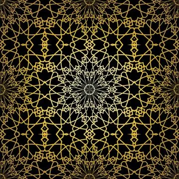 Geometric gold lace seamless pattern. Arabic tile lattice vector background. Stock Illustration