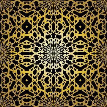 Geometric gold lace seamless pattern. Arabic tile lattice vector background. Illustrazione stock