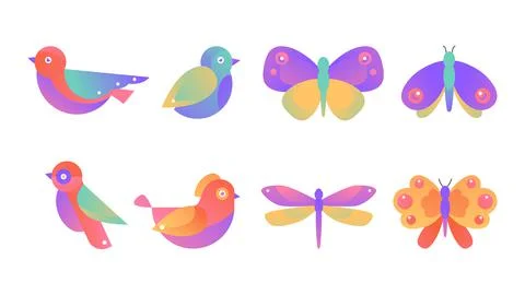 Geometric gradient birds and insects vector illustration Stock Illustration
