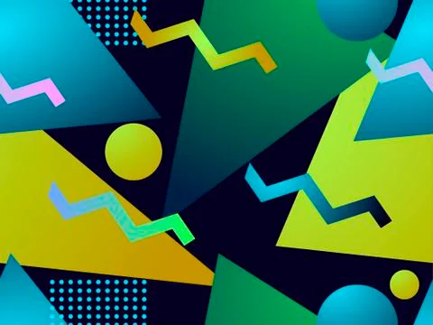 Geometric gradient shape seamless pattern. Triangles, circles and points. Bac Illustrazione stock