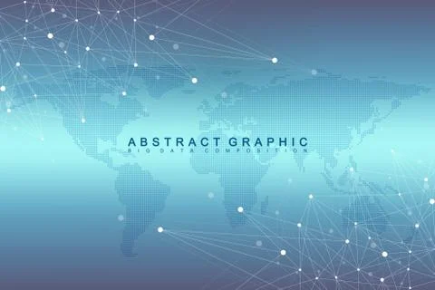 Geometric graphic background communication with Dotted World Map. Big data Illustrazione stock