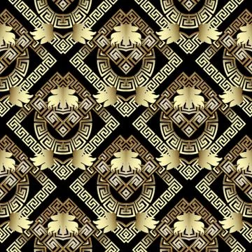 Geometric greek key seamless pattern. Floral background with gold 3d meanders Stock Illustration