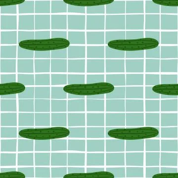 Geometric green cucumber seamless pattern on lines background. Cucumbers vege Stock Illustration