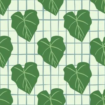 Geometric green leaves seamless pattern on lines background. Foliage wallpape Stock Illustration