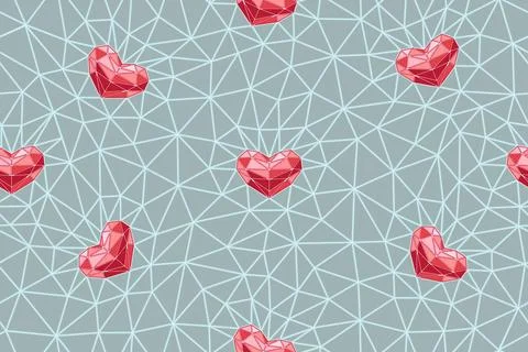 Geometric grid mesh from triangles and hearts - seamless pattern Stock Illustration