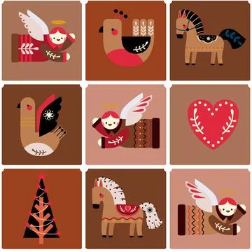 Geometric grid seamless pattern with Scandinavian folk angels, horses, bird.. Stock Illustration