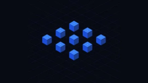 A geometric grid of vibrant blue cubes floating on a dark textured background 库存影片 338310782