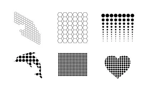 Geometric halftone dotted shapes including dolphin, heart, hexagon, honeyco.. Stock Illustration