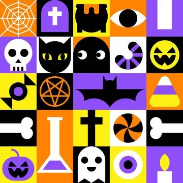 Geometric Halloween grid pattern with cat skull candle and pentagram Stock Illustration