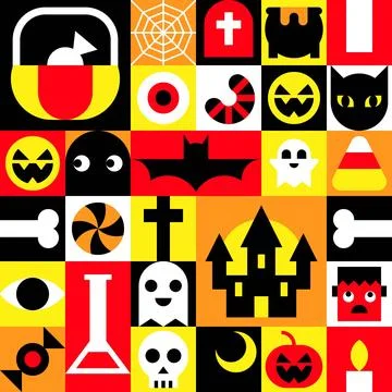 Geometric Halloween grid pattern with haunted house moon and bat Stock Illustration