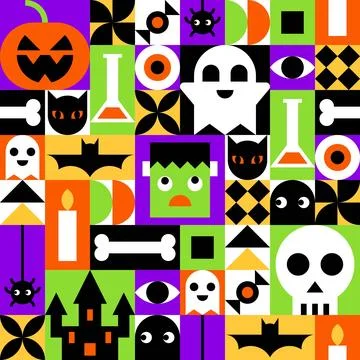 Geometric Halloween grid pattern with pumpkin ghost and monster Stock Illustration