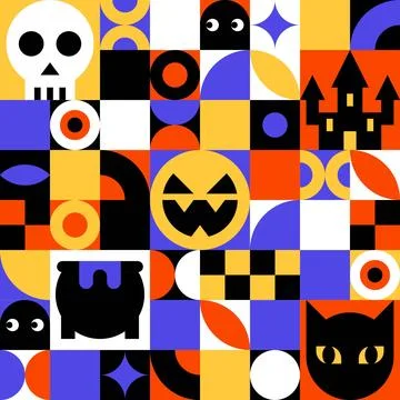 Geometric Halloween grid pattern with skull cat and cauldron Stock Illustration