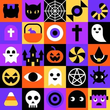 Geometric Halloween grid pattern with spider web and ghosts Stock Illustration