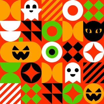 Geometric Halloween Pattern with Ghosts, Pumpkins, and Black Cats Stock Illustration