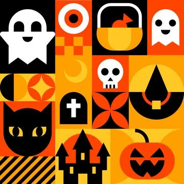 Geometric Halloween Pattern with Ghosts, Skulls, and Pumpkins in Bold Colors Ilustração Stock