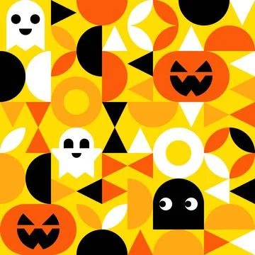 Geometric Halloween pattern with pumpkins and ghosts Stock Illustration