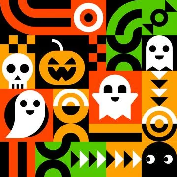 Geometric Halloween Pattern with Skulls, Ghosts, and Pumpkins in Bold Colors 스톡 일러스트