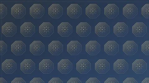 Geometric hexagonal pattern with snowflake designs on dark blue background Stockillustratie