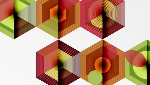 Geometric hexagons create optical illusion. Warm colors dominate design, Stock Illustration