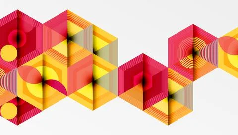 Geometric hexagons create repeating pattern. Warm colors dominate design, Stock Illustration
