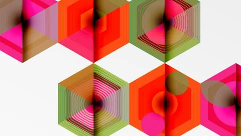 Geometric hexagons overlap, creating vibrant patterns. Colors include pink, Stockillustratie