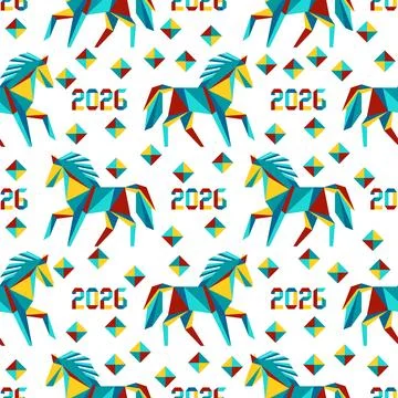 Geometric horse pattern with 2026 text and colorful diamond shapes, suitabl.. Stock Illustration