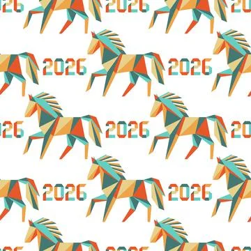 Geometric horse pattern with 2026 text in vibrant colors on white background Stock Illustration