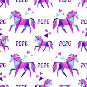 Geometric horse pattern with 2026 text in vibrant purple and blue, seamless.. イラスト素材