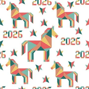 Geometric horse pattern with number 2026 and stars, seamless background for.. Stock Illustration
