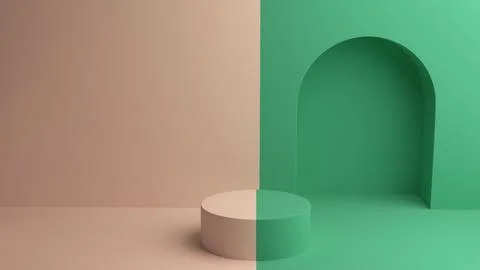 Geometric interior with split-tone round podium and arched wall backdrop Ilustración de archivo