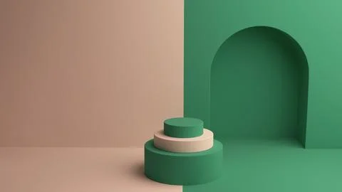 Geometric interior with stacked round podiums and green arched wall backdrop Stock Illustration