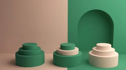 Geometric interior with three stacked podium sets and green arched wall bac.. Stock Illustration