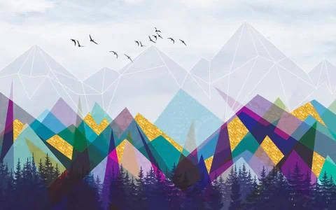 Geometric landscape, multi-colored polygonal mountains, spruce forest Stock Illustration