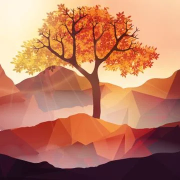 Geometric Landscape with Tree - Vector Illustration Stock Illustration