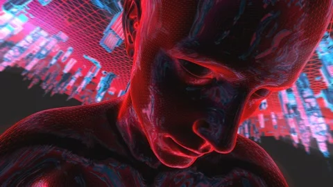 Geometric laser cityscape with human figures. Seamless neon retro futuristic Stock Footage 100282755